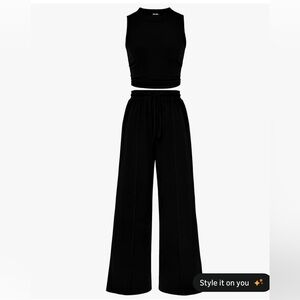 High-Waist Wide Leg Drawstring Pants - Black